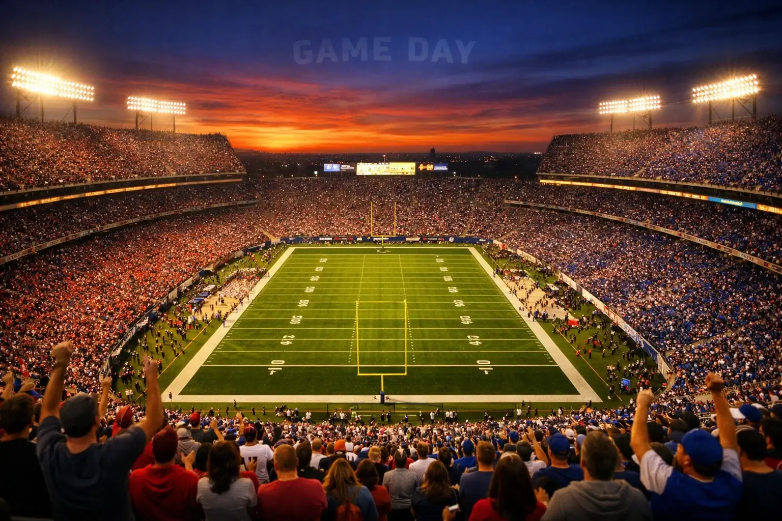Football stadium atmosphere with fans watching a game under bright lights