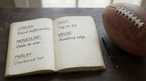 An image of a notebook and a rugby ball on a table