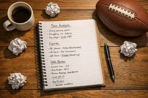 An image of a notebook and a rugby ball on a table