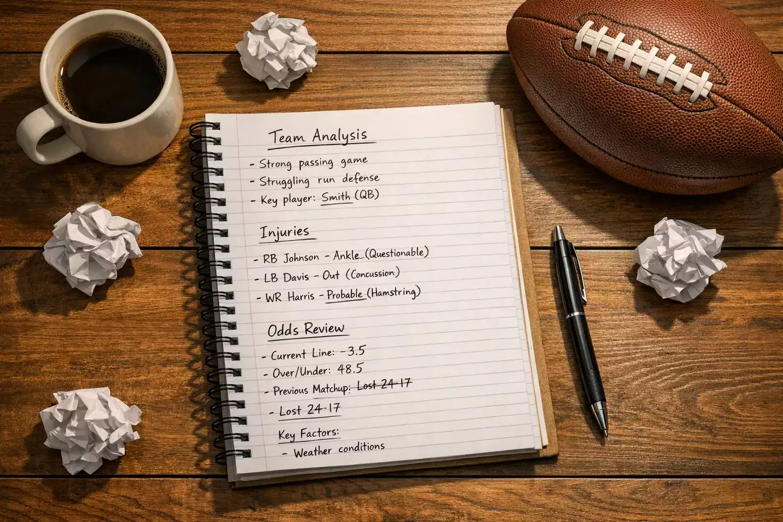 An image of a notebook and a rugby ball on a table