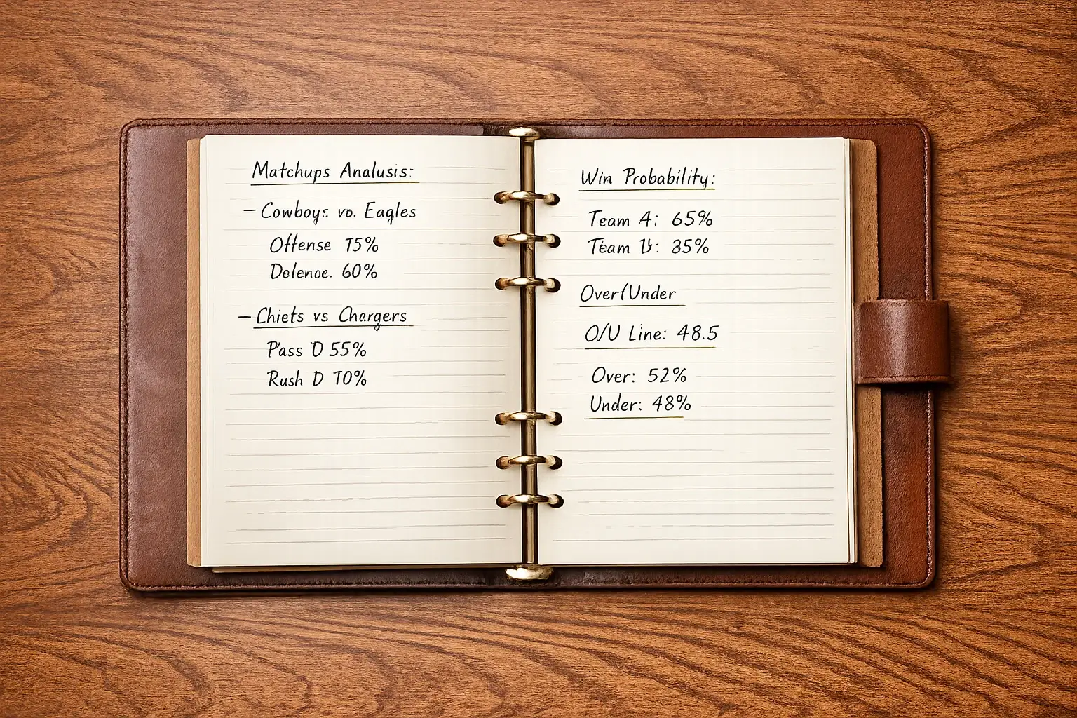 Notebook with betting strategy notes and football game statistics