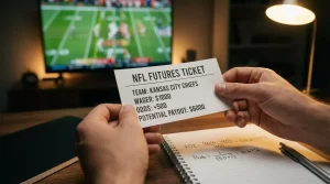 Image of a man holding a ticket for a match