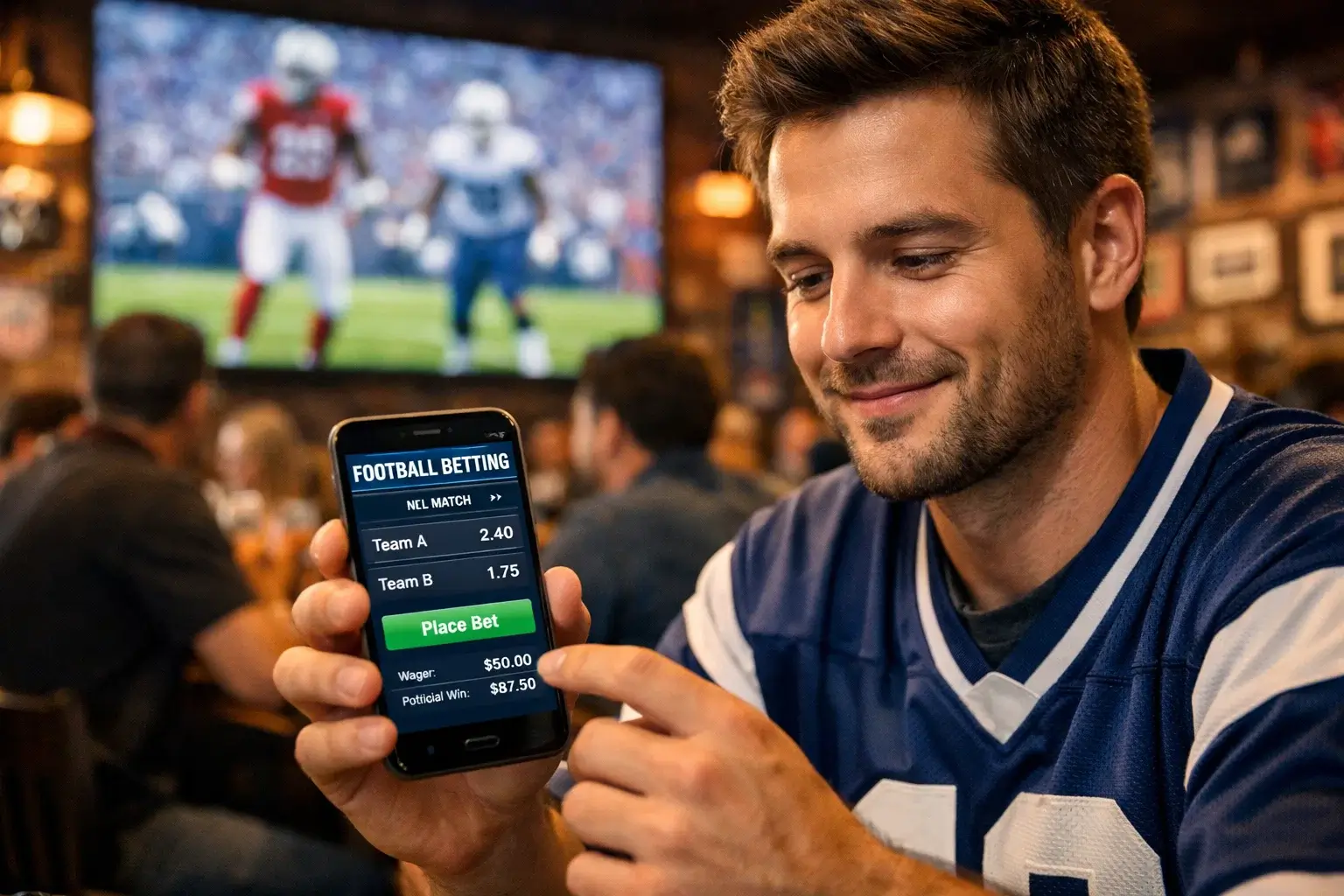 Person using smartphone to place a football bet at a sports bar