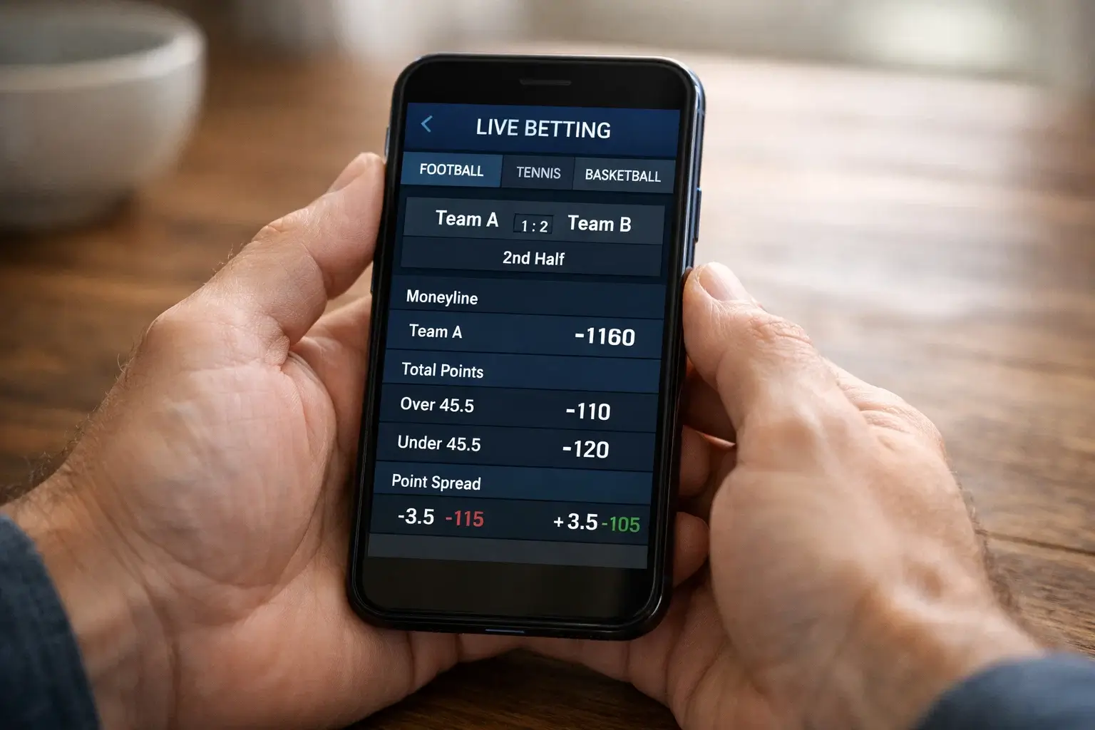 Sports bettor analyzing odds on mobile phone screen