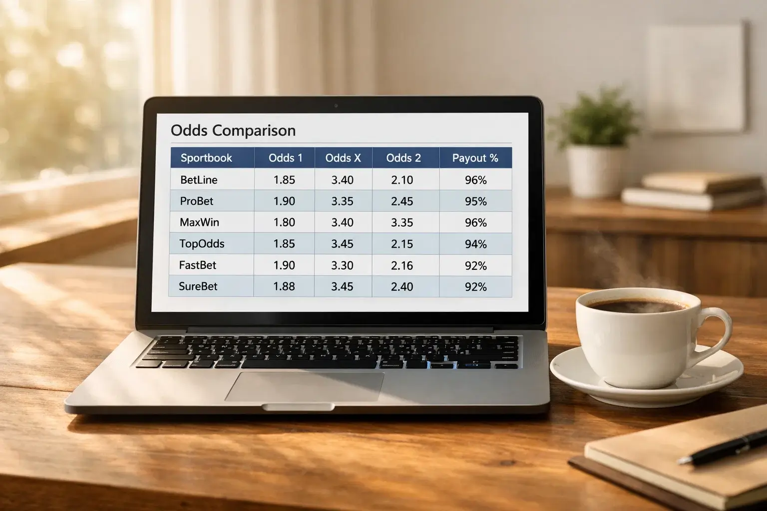 Laptop showing odds comparison website with coffee cup