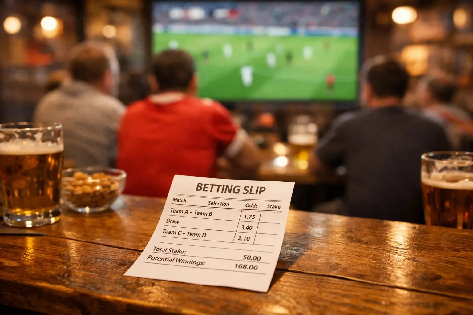 European football match with betting slip in foreground