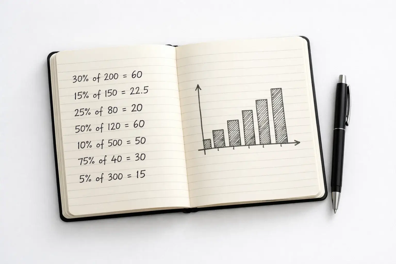 Notebook with probability calculations and pen on desk