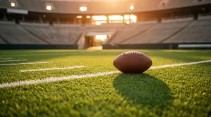 Image of a rugby ball on a football field