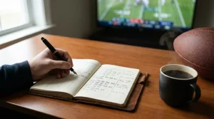 An image of a notebook and a rugby ball on a table