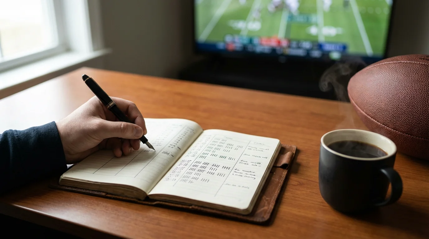 An image of a notebook and a rugby ball on a table