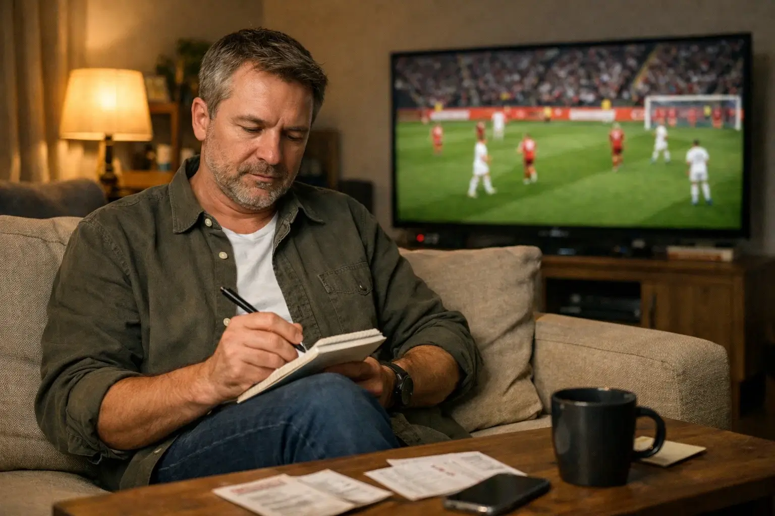 Calm person taking notes while watching football game