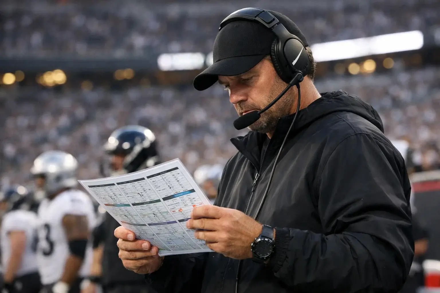 Football coach analyzing game situations on sideline