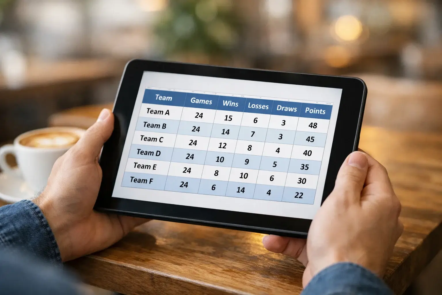 Person studying team statistics on tablet device