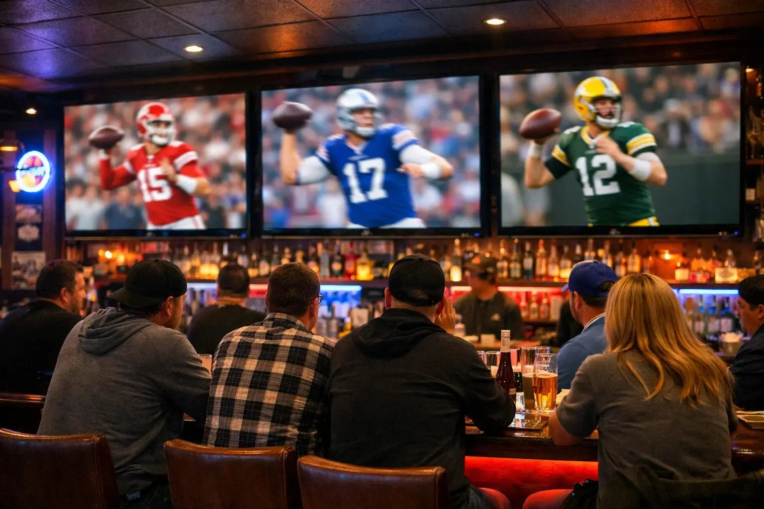 Multiple football games displayed on TV screens in sports bar