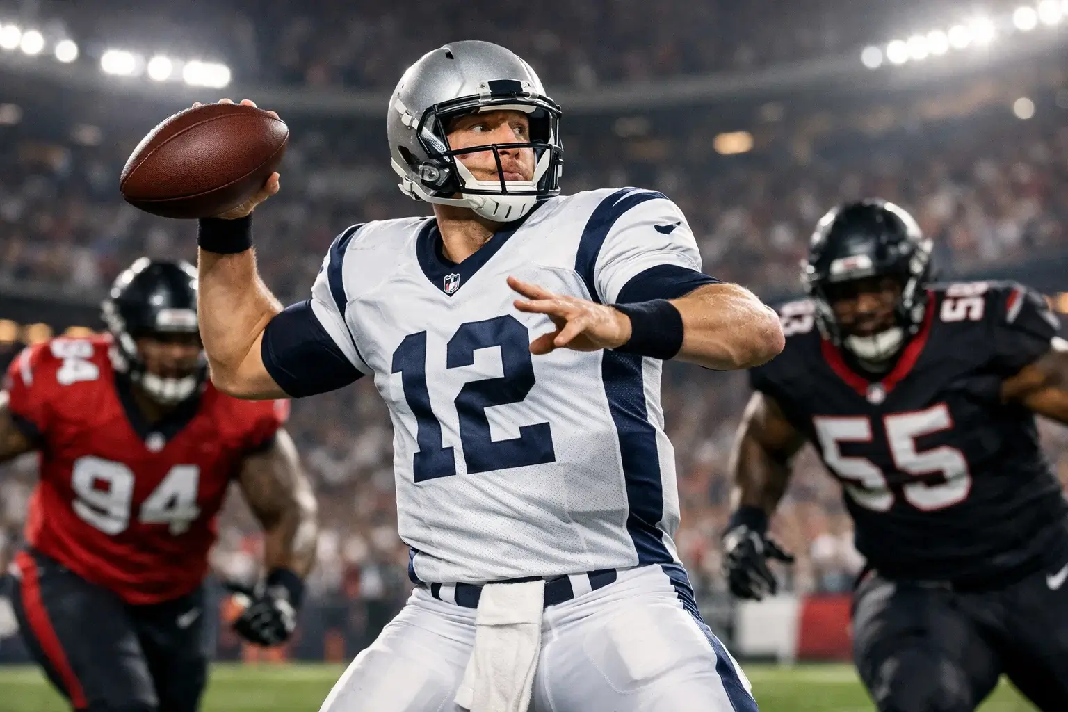 Star quarterback throwing football during game