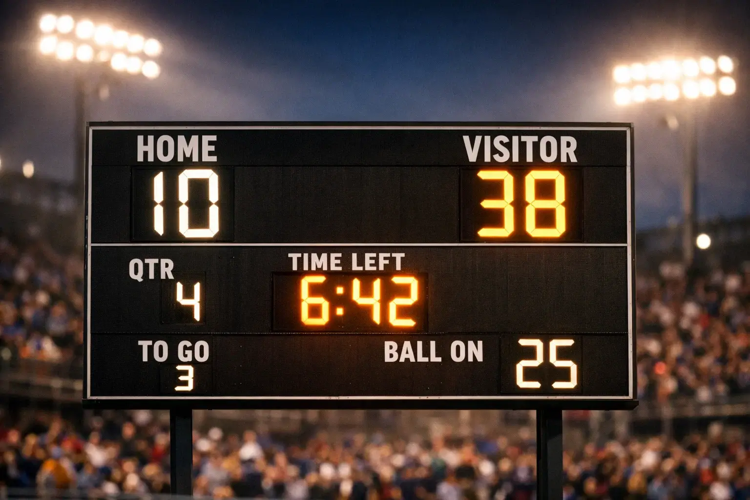 Football game scoreboard showing point differential