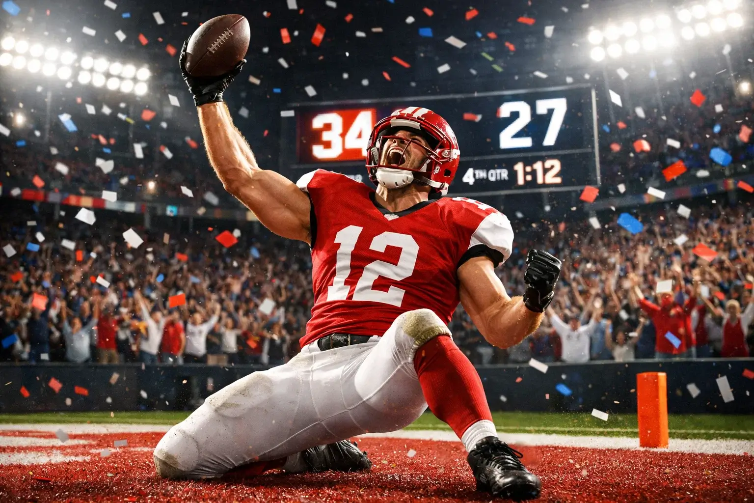 Football touchdown celebration with scoreboard visible
