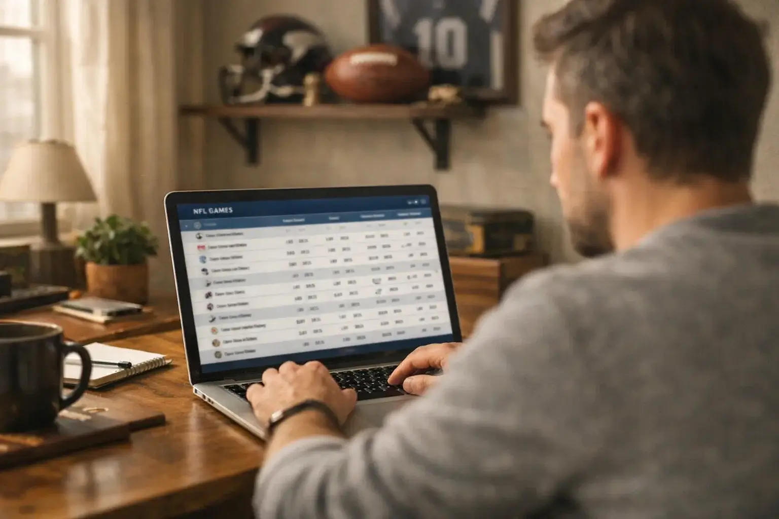 Person browsing NFL betting markets on laptop