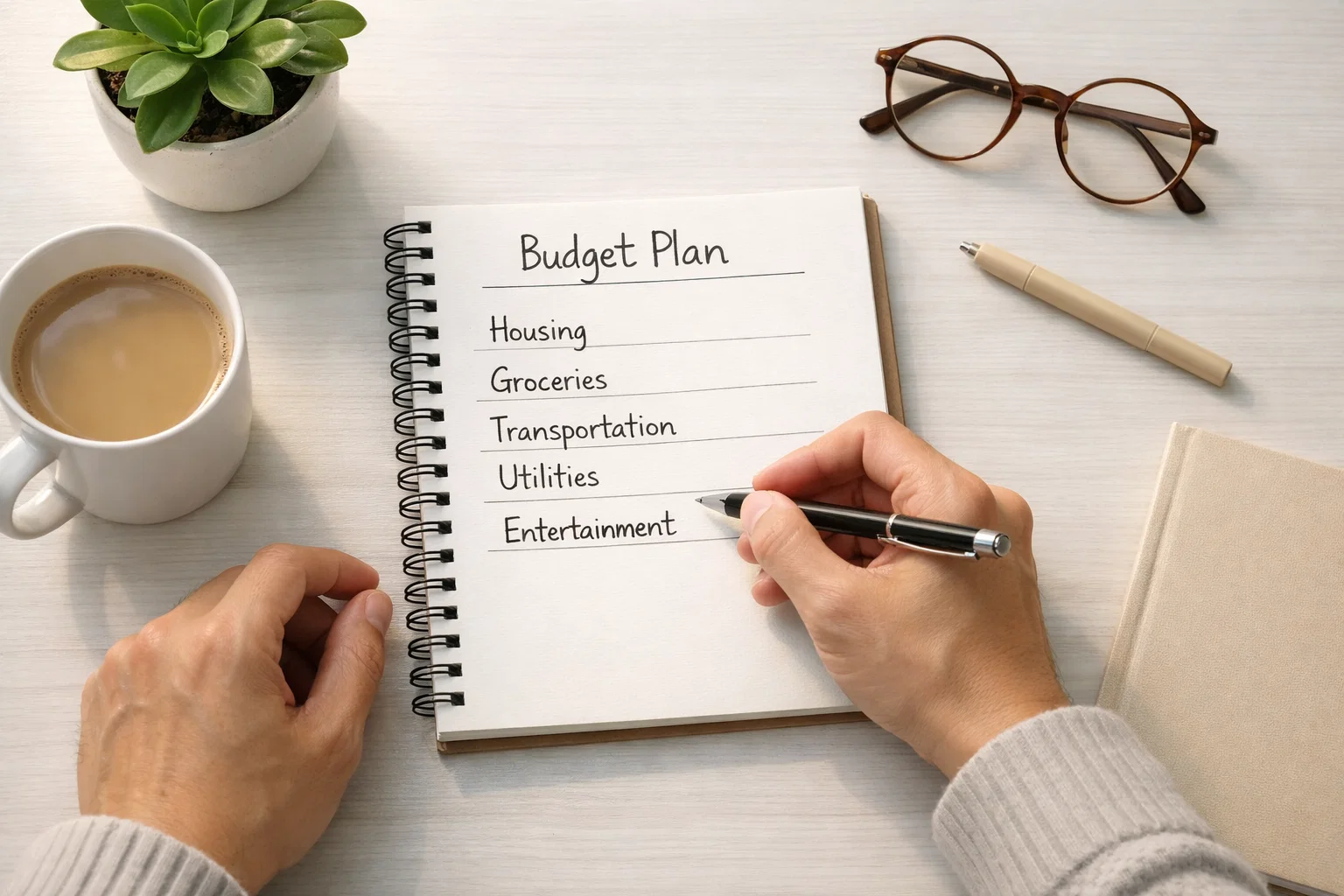 Person planning monthly budget in notebook