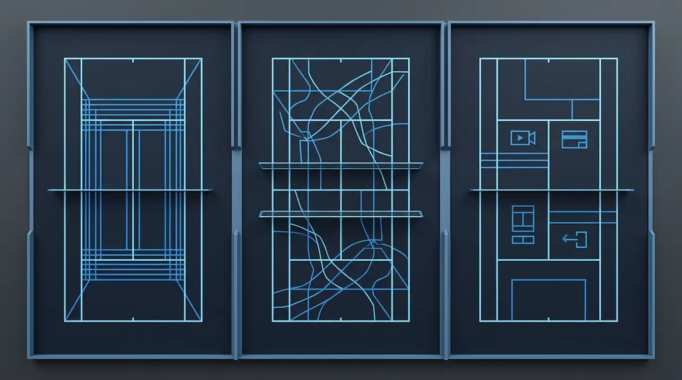 Overhead tennis court layouts with contrasting geometries and spacing