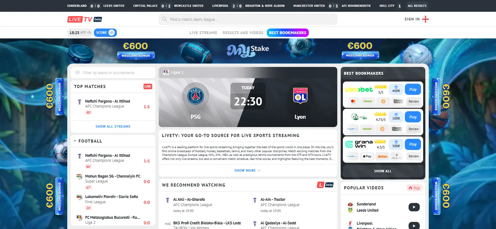 LiveTV homepage sections for broadcasts results and football competitions