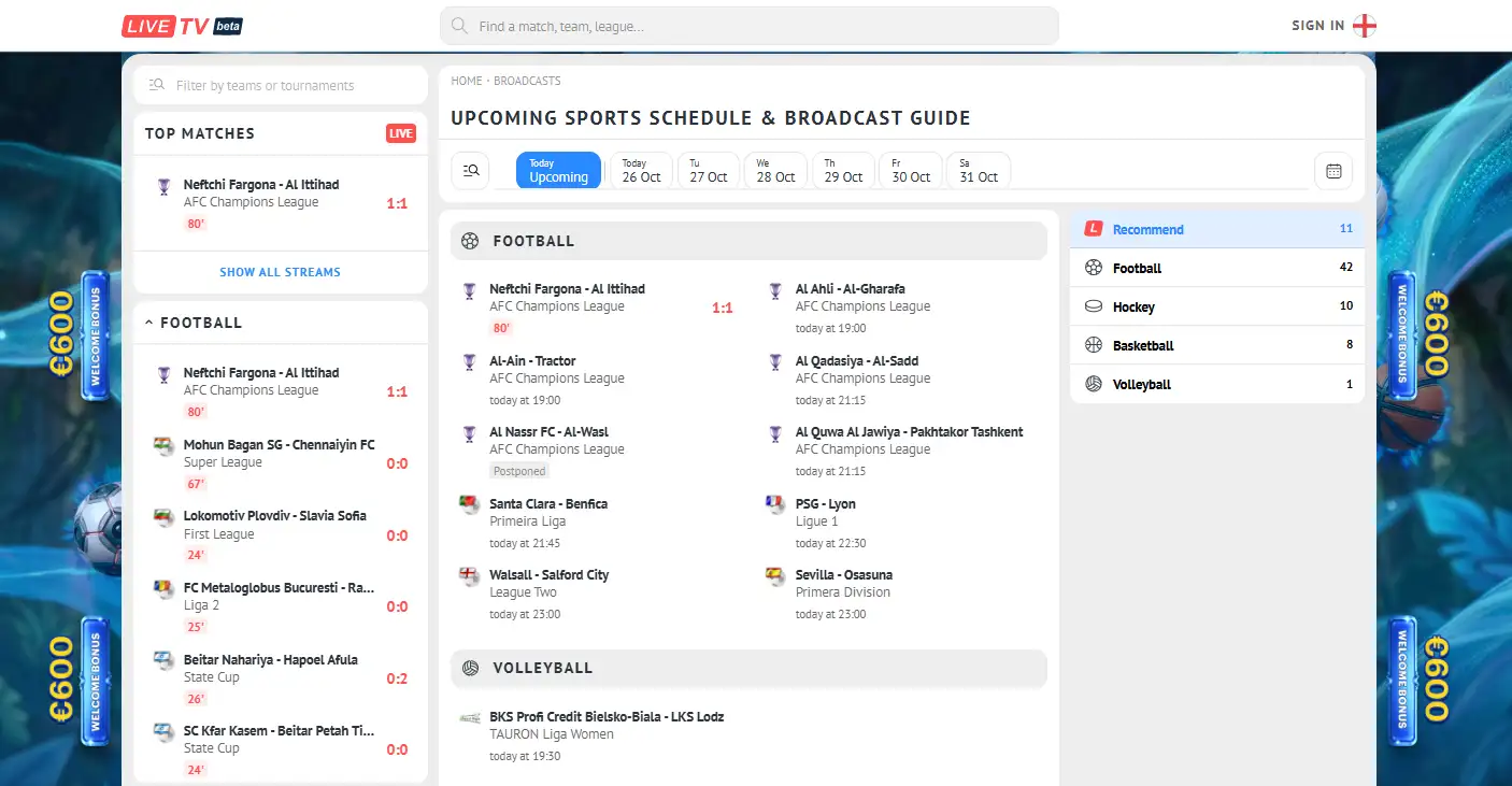 Upcoming sports page showing date selection and sporting discipline filters
