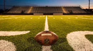 Image of a rugby ball on a football field
