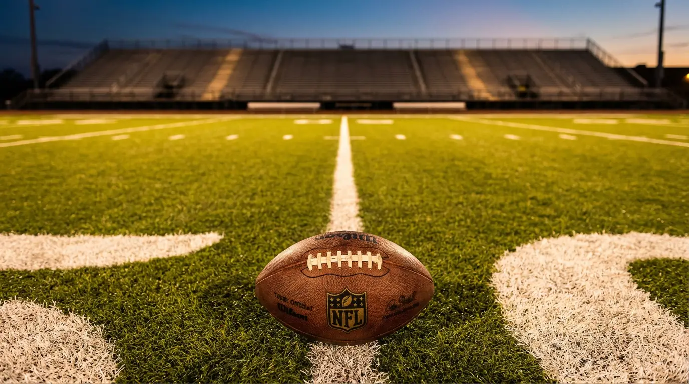 Image of a rugby ball on a football field