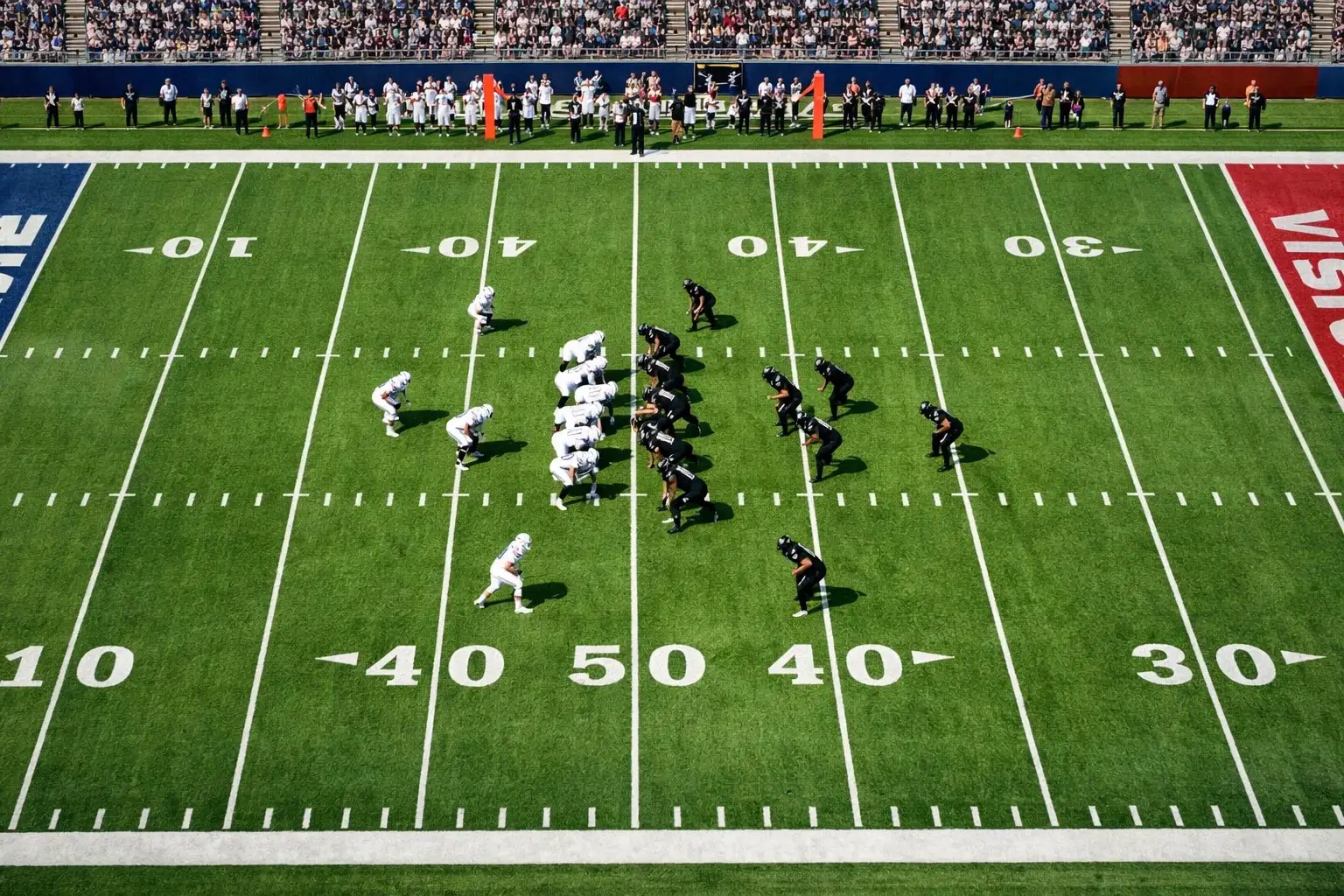 Football field view from above with game strategy markers